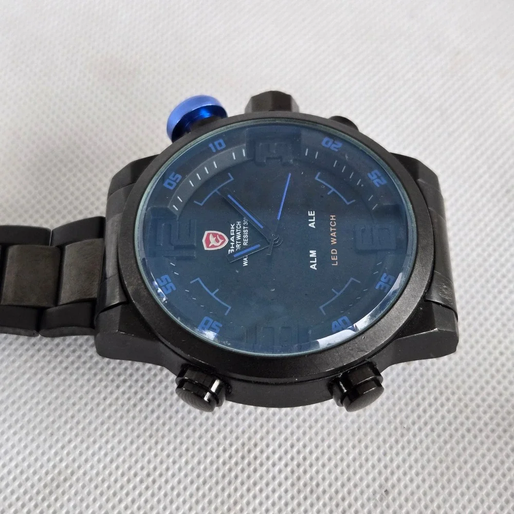 Shark Sport Watch Mens Black Dual Display Analog Digital Blue Crown 5.5in Tested